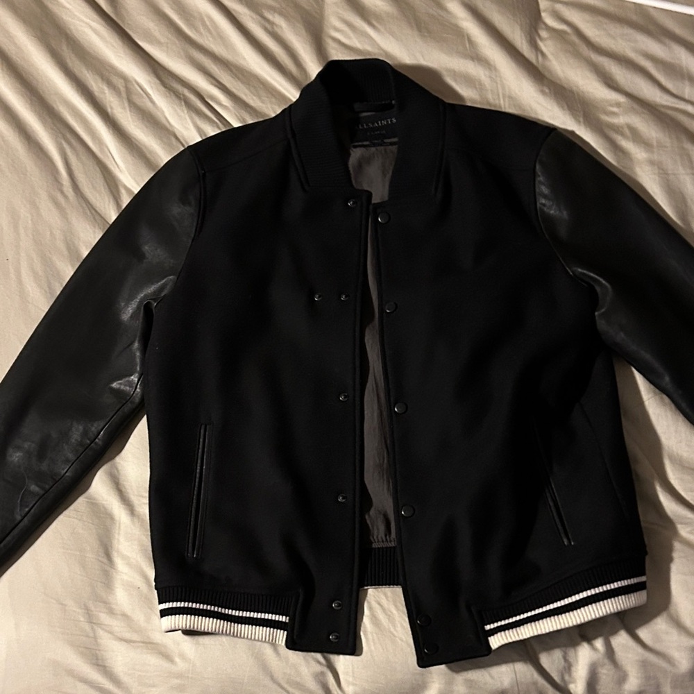 All Saints Black Varsity Jacket with Leather Sleeves XL. Not sold anymore.
